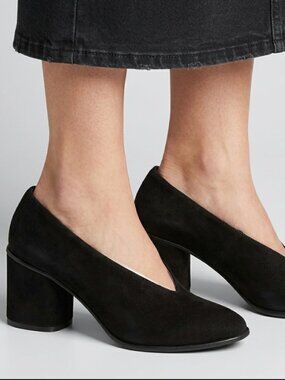 COS 7 Black Suede Leather Block Heel Almond Toe Shoes